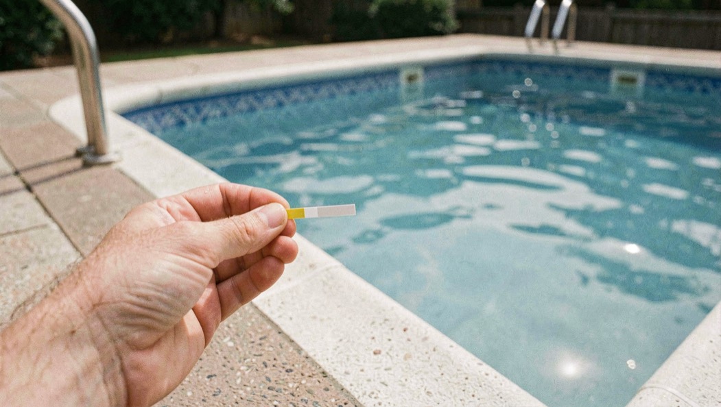 Hand holding a water test strip at the edge of a vinyl-lined pool beside the steps and skimmer, clear morning light