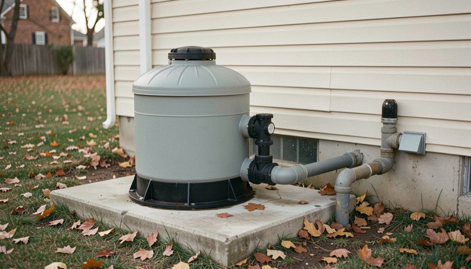 Round sand filter tank with grey pipework on a concrete pad beside a house, autumn leaves on the ground