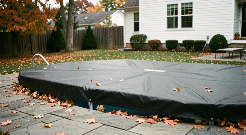 Backyard in-ground pool in early autumn under a taut dark cover, fallen maple leaves on the stone deck, white clapboard house in the background