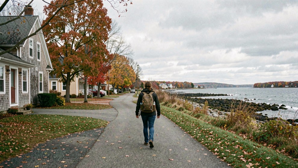 Compare coastal and village life in southern Maine: a detailed New England home scene focused on coastal and village living