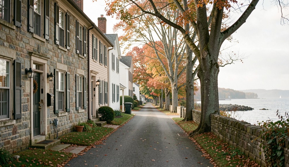 Choose fabrics that last: organic cotton, linen, and hemp: a detailed New England home scene focused on durable wardrobe fabrics
