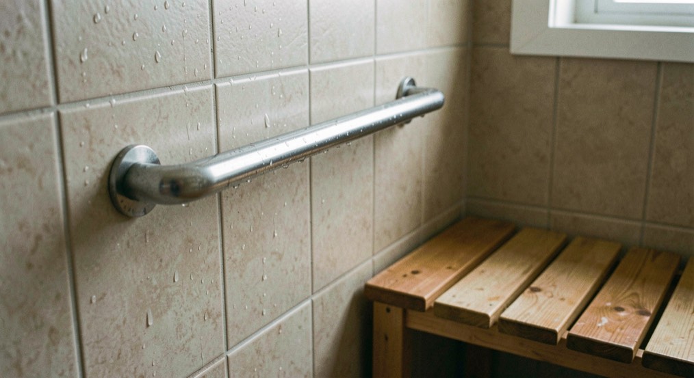 Close view of a stainless grab bar fixed to a tiled shower wall beside a folded wooden seat, water beads on the tile