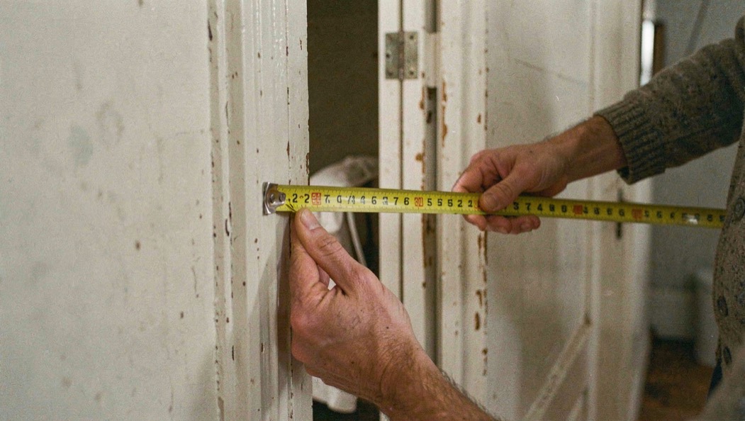 Hands measuring the width of a narrow bathroom doorway with a yellow tape measure in an older house hallway