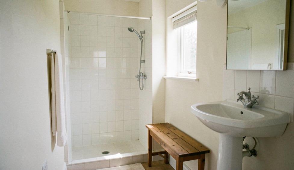 Bright older bathroom with a step-free tiled shower, a wooden bench along one wall and a white pedestal sink, morning light through a small window