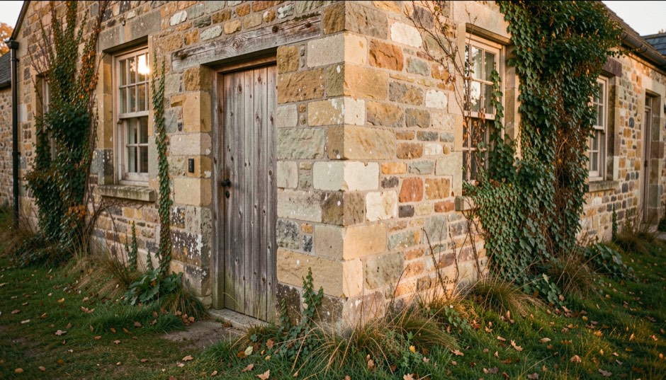 Corner of a stone cottage with a weathered wooden door and worn mortar joints, ivy and low autumn sun