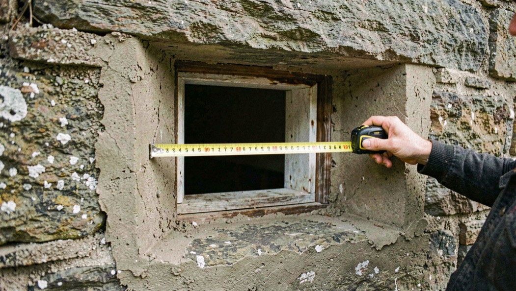 Deep window reveal in a very thick stone wall, a hand holding a tape measure across the depth, rough plaster at the edges