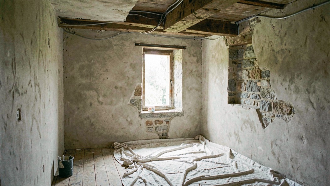 Room in an old stone house being renovated, bare plastered walls, conduit running along a ceiling beam, drop cloths on a wooden floor, daylight from a deep window