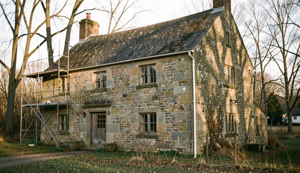 Old fieldstone farmhouse with thick walls and small deep-set windows, scaffolding at one corner, morning light through bare trees