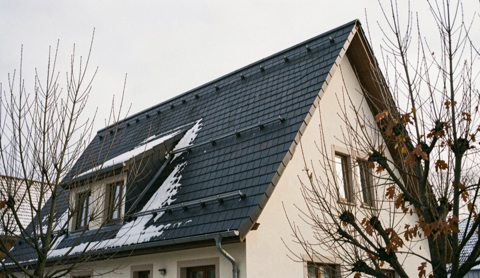 Gabled house with a steep dark slate roof and snow guards under a pale winter sky, bare maple trees in front