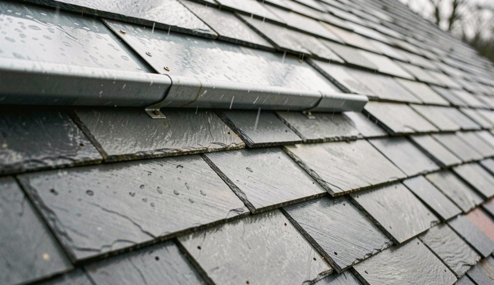 Close view of grey slates nailed in overlapping courses with a zinc ridge cap, damp from morning rain