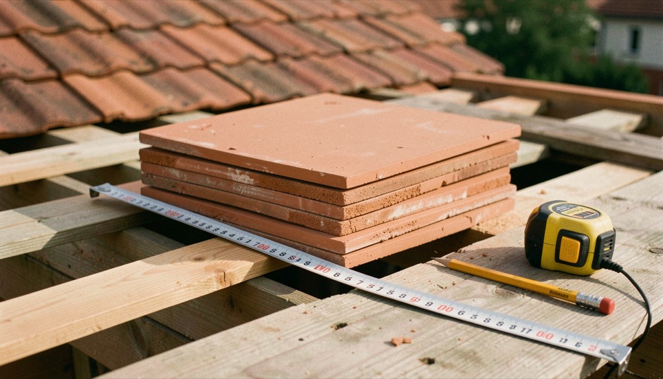 Stacks of terracotta roof tiles resting on a rooftop's wooden battens beside a tape measure and a carpenter's pencil, warm afternoon light