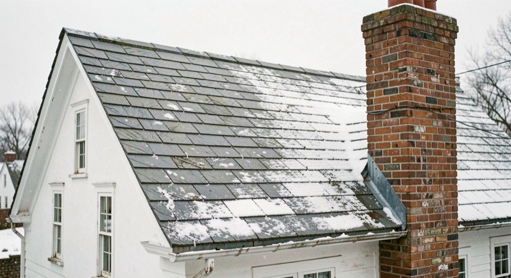 Weathered grey slate roof on an old New England farmhouse after a light snowfall, brick chimney with metal flashing, soft overcast winter light